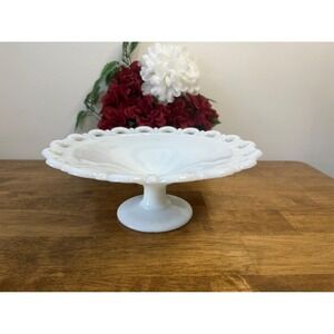 Vintage Milk Glass Pedestal Bowl Open‎ Lace Edge Serving Compote Centerpiece